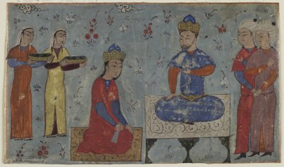 Sindukht Sam előtt (átlátszatlan akvarell, tinta és arany papíron) alkotó: Persian School