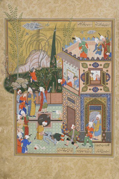 Az ingatag, öreg szeretőt leütötték a tetőről, Jami (1492) Haft awrang (Hét trón) fóliója, valószínűleg Mashad, Khurasan, Irán, Safavid-dinasztia, 1556-1565 (tinta, átlátszatlan akvarell és arany) alkotó: Persian School