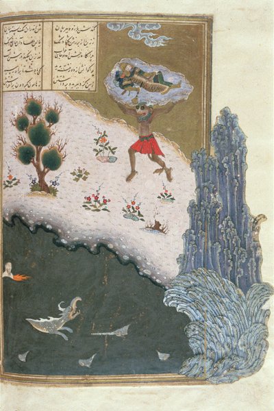 Az alvó rusztam, akit Akwan démon szállított a levegőben, illusztráció a Shahnama-ból (Királyok könyvéből), Abul-Qasim Manur Firdawsi (kb. 934-kb. 1020) kb. 1440-45 (toll, tinta és wc pergamen). ) alkotó: Persian School