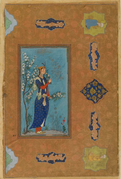 Nő virágpermettel, Safavid-korszak, 1575 körül (wc és arany papíron) alkotó: Persian School