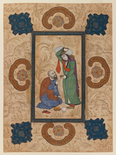 Fiatal nő bort kínál egy bölcsnek (tinta és átlátszatlan wc papíron) alkotó: Persian School