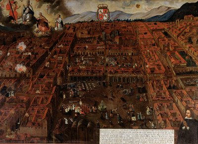 Cuzco képe az 1650-es földrengés idején alkotó: Peruvian School