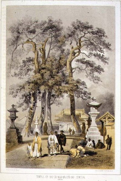 Hat-Chi-Man-Ya-Chu-Ro temploma, Simoda, a „Narrative of the Expedition of the American Squadron to the China Seas and Japan”, pub. szerző: Sarony & Co. alkotó: Peter Bernhard Wilhelm (after) Heine