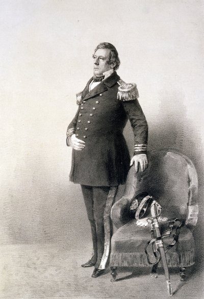 Commodore Matthew Calbraith Perry (1794-1858) a „Graphic Scenes in the Japan Expedition” (Grafikai jelenetek a japán expedícióban) című filmből, P. Haas metszete, 1856-ban megjelent (fotómélység) alkotó: Peter Bernhard Wilhelm Heine