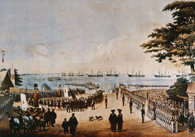 Perry Commodore leszáll Japánban, hogy találkozzon a birodalmi biztosokkal Jokohamában, 1854. március 8-án alkotó: Peter Bernhard Wilhelm Heine