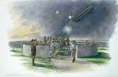 Lodge Hill Battery, német zeppelin tüzelése az első világháború alatt, 1910-es évek, 1980-2010 alkotó: Peter Dunn