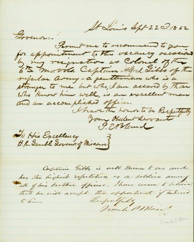 Levél aláírva P.E. Bland, St. Louis, H. R. Gamble -nek, Missouri kormányzójának, 1862. szeptember 22 -én alkotó: Peter E. Bland
