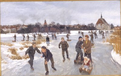 Gyermekek korcsolyáznak Fåborg előtt alkotó: Peter Hansen