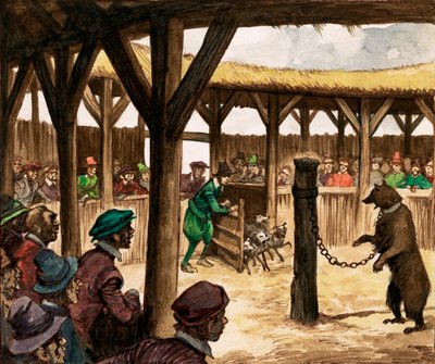 A medvegödörnél tömeg ujjongott, amikor a kutyákat beengedték, hogy megtámadják a láncos medvéket (papíron gouache) alkotó: Peter Jackson