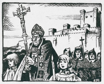 Poore püspök elvezeti népét Old Sarumból Salisbury alapítására 1220-ban (lithó) alkotó: Peter Jackson
