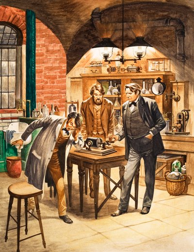 Edison bemutatja az első fonográfot a laboratóriumában alkotó: Peter Jackson