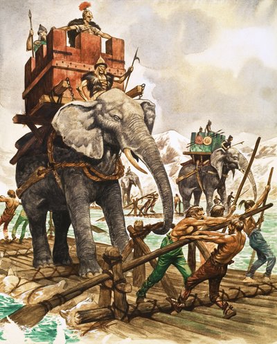 Hannibál és elefántjai tutajon átkelnek egy folyón alkotó: Peter Jackson