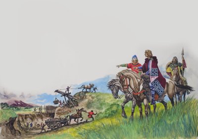 Offa király (757-96), amint gátjának építését figyeli (gouache, papír) alkotó: Peter Jackson