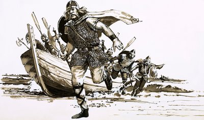 Vortigern király két barbár főnököt – Hengest és Horsát – hozott Nagy-Britanniába (guache papíron) alkotó: Peter Jackson