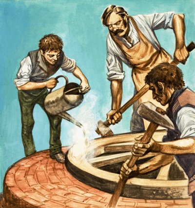 Egyszer volt, hol nem volt... falusi élet száz évvel ezelőtt. Kerékgyártók, akik a keréktárcsát felrakják a kerékre. alkotó: Peter Jackson