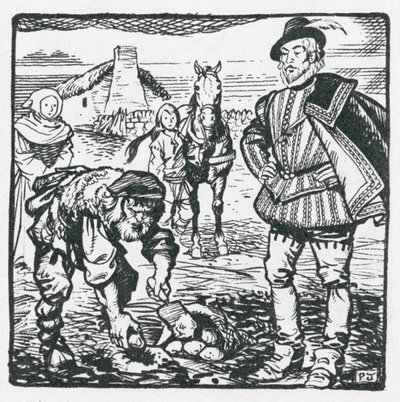 Sir Walter Raleigh behozza a burgonyát Amerikából, és ültet belőle Youghalban (litho) alkotó: Peter Jackson