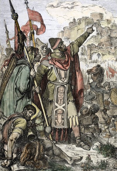 Barbár invázió: „” A hunok királyát, Attilát (406-453) elfogták, hogy katonáival együtt ostromolja Aquilee városát alkotó: Peter Johann Nepomuck Geiger
