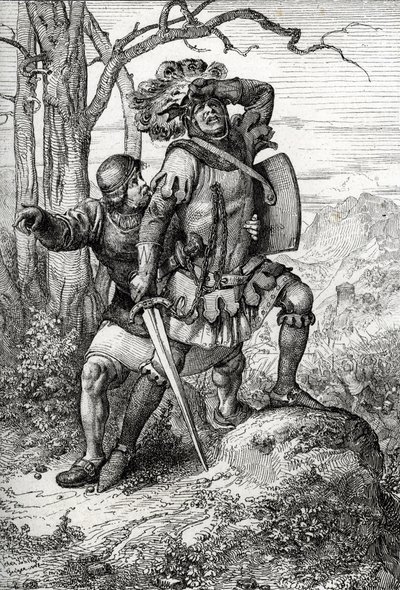 I. Lipót osztrák herceg, Habsburg ura egyik társától megment az 1315. november 15-i morgarteni csatában a svájci szövetségesek ellen, Svájc (a morgarteni csata 1315. november 15-én, I. Lipót osztrák herceget egy katona mentett meg) alkotó: Peter Johann Nepomuck Geiger