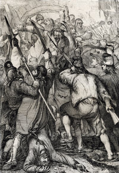 Francia forradalom: A felfegyverzett és dühöngő lakosság belép a felvonóhídon, és meggyilkolja a helyőrséget és a kormányzót a Bastille megrohanásakor alkotó: Peter Johann Nepomuck Geiger