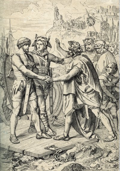 Hengest és Horsa partraszállása, az angolszász legenda alakjai, amelyek a germán testvérekként írják le őket, akik az 5. században Nagy-Britannia első területeit meghódító szög-, szász és juti seregeket vezették. Tollrajz a „” Historische Memor”-ból alkotó: Peter Johann Nepomuck Geiger