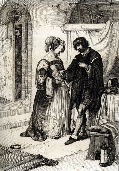 Essex grófja, Robert Devereux (1565-1601), akit hazaárulás miatt halálra ítéltek, Elizabeth Howard nottinghami grófnőnek és az angol Elisabeth Iere tiszteletbeli hölgyének ajándékozta a királynő iránti hűségét. alkotó: Peter Johann Nepomuck Geiger