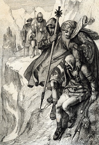 A rómaiak királya IV. Henrik a Cenis-hegy hágója mellett átkelt az Alpokon, és Mathilde toszkánai grófnőhöz Canossába megy, ahol VII. Gergely pápa, 1077. január” (IV. Henrik átkelt az Alpokon a Mont Cenis-hágó mellett, hogy elérje a várat Canossa és alkotó: Peter Johann Nepomuck Geiger