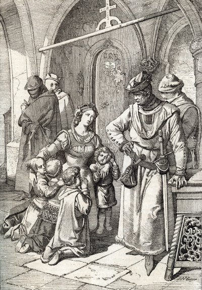 Ines de Castro (1320-1355) nemes hölgy, a portugál I. Péter (I. Pedro) második feleségének meggyilkolása a portugáliai Santa Clara de Coimbra kolostorban 1355 (I. Péter portugál király felesége, Ines Castro meggyilkolása a kolostorban Santa Clara in Co alkotó: Peter Johann Nepomuck Geiger