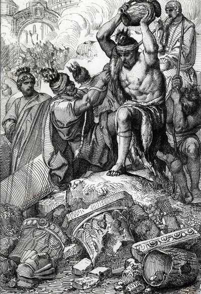 Róma zsákja (Olaszország), 410-ben, a városból elvett és az Alaric (370-410) vezette vizigótok által kifosztott (Róma zsákmánya az I. Alarik vezette vizigótok által 410-ben, Honorius császár uralkodása alatt) Rajz egy toll a „Historische Memorabilian des I alkotó: Peter Johann Nepomuck Geiger