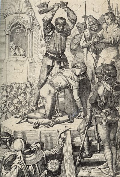 Konradin (vagy Hohenstaufeni Konrád) szicíliai király és sváb herceg (1252-1268) kivégzése Anjou Károly parancsára az 1268-as tagliacozzói csata után (Konradin (vagy Konrád fiatalabb), utolsó Staufer király kivégzése. Szicília, követve alkotó: Peter Johann Nepomuck Geiger