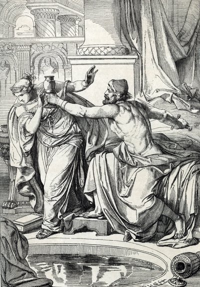 Rosemonde gepida hercegnő (meghalt 572-ben) és szeretője, férje, Alboin király gyilkosa ugyanazzal a méregpohárral mérgezte meg magát, 572 (Rosamund (vagy Rosamunde) gepida hercegnő és szeretője ugyanazzal a méregpohárral öli meg magát, 572) Rajz a alkotó: Peter Johann Nepomuck Geiger