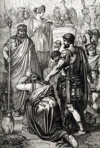 Vandálháború: „” A vandálok királyának megadása Gelimer letérdel a bizánci Belisaire tábornok (500-565) előtt 534 márciusában, Karthágó, Afrika” (Vandál háború: Gelimer vandálkirály megadja magát Belisarius tábornoknak, 534, Afrika) Rajz rajzolt toll alkotó: Peter Johann Nepomuck Geiger
