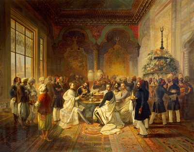 Ebéd Szmirnában, Halim pasa, illusztráció: Habsburg Maximilian és testvére, Károly Lajos utazása a Földközi-tengeren, Peter Johann Nepomuk Geiger alkotó: Peter Johann Nepomuk Geiger