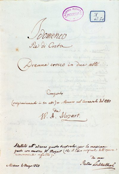 Lichtenthal Mozart „Idomeneo, Re di Creta” című művének első oldala alkotó: Peter Lichtenthal