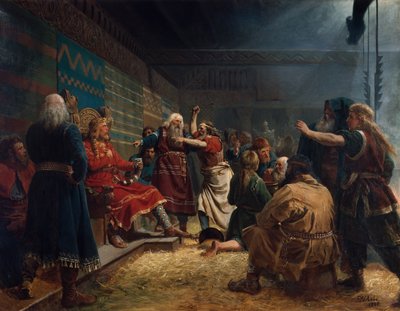 Haakon a jók és a gazdák a ketrec feláldozásánál alkotó: Peter Nicolai Arbo