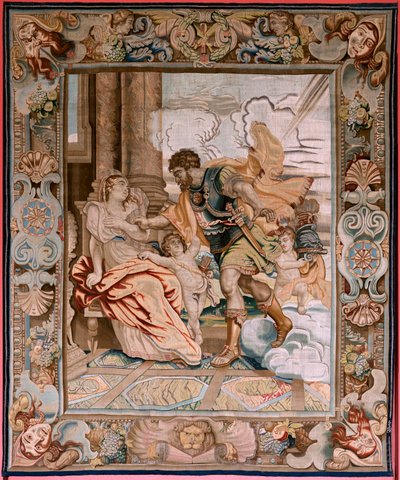 Flamand kárpit. Sorozat Decius Mus konzul története. A Mars megjelenik Rhea Silviának (Aparición de Marte a Rea Silvia). Nyolcadik kárpit a sorozatban. Modell P P Rubens. Gyártás Jan Raes II, Brüsszel. Ca1620-1629. Szövet Arany, ezüst, selyem és gyapjú. alkotó: Peter Paul (after) Rubens