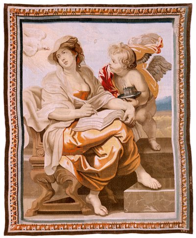 Flamand kárpit. Az Eucharisztia diadala sorozat. A bölcsességet a Szentlélek ihlette (La Sabiduría inspirada por el Espíritu Santo). A sorozat tizenkilencedik kárpitja. Peter Paul Rubens modell. 1626-1628. Gyártás Jacob II Geubels, Brüsszel alkotó: Peter Paul (after) Rubens