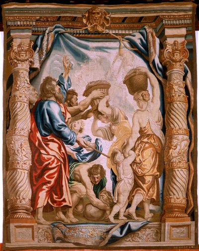 Flamand kárpit. A manna hullása a sivatagban (La caída del maná en el desierto). Az Eucharisztia diadala sorozat. Harmadik kárpit a sorozatban. Peter Paul Rubens modell. 1626-1628. Gyártás Jan II Raes, Jacob II Geubels, Hans Vervoert, Ja alkotó: Peter Paul (after) Rubens