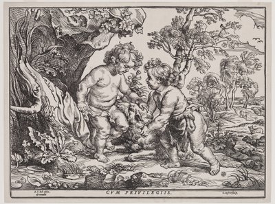 Csecsemő Krisztus és Szent János báránnyal játszik, Christoffel Jegher (1596-1653) metszete, 1632 után (fametszet) alkotó: Peter Paul (after) Rubens