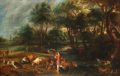 Tájkép tehenekkel és kacsavadászokkal alkotó: Peter Paul Rubens
