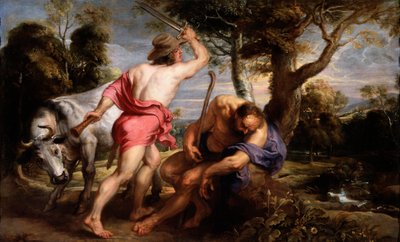 ""Merkúr és Argus"" Merkúrt Zeusz utasítja, hogy altassa el Arguszt, Io őrzőjét, akit Héra üszővé alakított át (Mercury és Argus) Pieter Paul Rubens (1577-1640) festménye 1636-1638 Mérete 180x298 cm Prado Múzeum, Madrid alkotó: Peter Paul Rubens