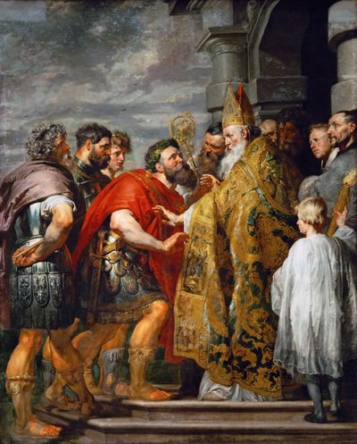 Milánói Szent Ambrus (meghalt 397-ben) és I. Nagy Theodosius császár (347-395) - Szent Ambrus és I. Theodosius császár - Pieter Paul Rubens (1577-1640). Olaj, vászon, c. 1615. Méretek: 362x246 cm. Művészettörténeti Múzeum, Bécs alkotó: Peter Paul Rubens