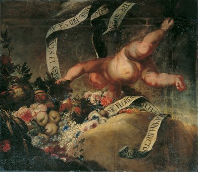 Putto virágokkal, gyümölcsökkel és transzparenssel alkotó: Peter Strudel