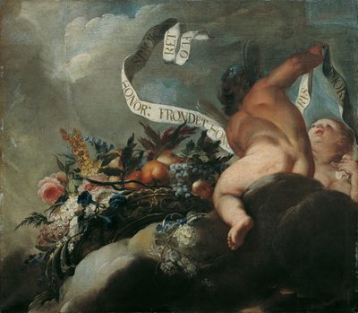 Két putti virágokkal, gyümölcsökkel és egy transzparenssel alkotó: Peter Strudel