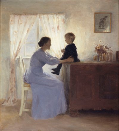 Anya és gyermeke egy belső térben alkotó: Peter Vilhelm Ilsted