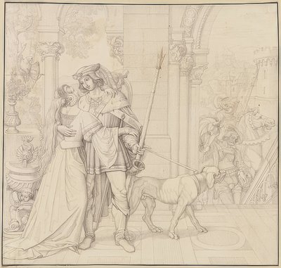 Hét rajz a Nibelungokról: 4. Szigfrid a vadászatra készült. 1812-17 alkotó: Peter von Cornelius