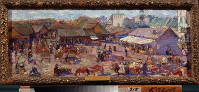 Piac Pszkovban (Oroszország). Pjotr ​​Ivanovics Petrovicsov (Pjotr ​​Petrovicsev) (1874-1947) munkája, olaj, karton alkotó: Petr Ivanovic Petrovichev