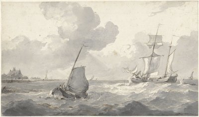 Kétárbocos és halászhajó a parttól alkotó: Petrus Johannes Schotel