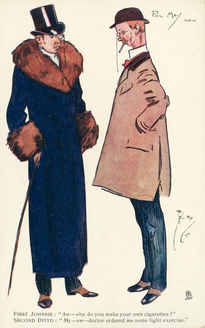 Két úriember cigarettáról és testmozgásról beszélget (színes litho) alkotó: Phil May