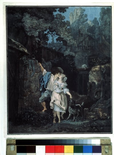 ""Búcsú reggel" (Búcsú reggel) Egy pár kora reggel indul. Philibert Louis Debucourt litográfiája (1755-1832) 1787 Puskin Múzeum Moszkva alkotó: Philibert Louis Debucourt