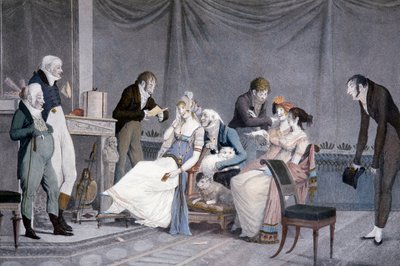Louis-Philibert Debucourt (1755-1832) látogatásai, akvatinta, etruszk ihletésű Directoire stílusú bútorokkal, Franciaország alkotó: Philibert Louis Debucourt